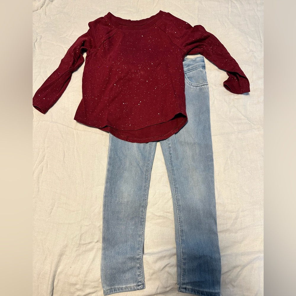 Red Sparkle Top and Light Blue Jeans Bundle